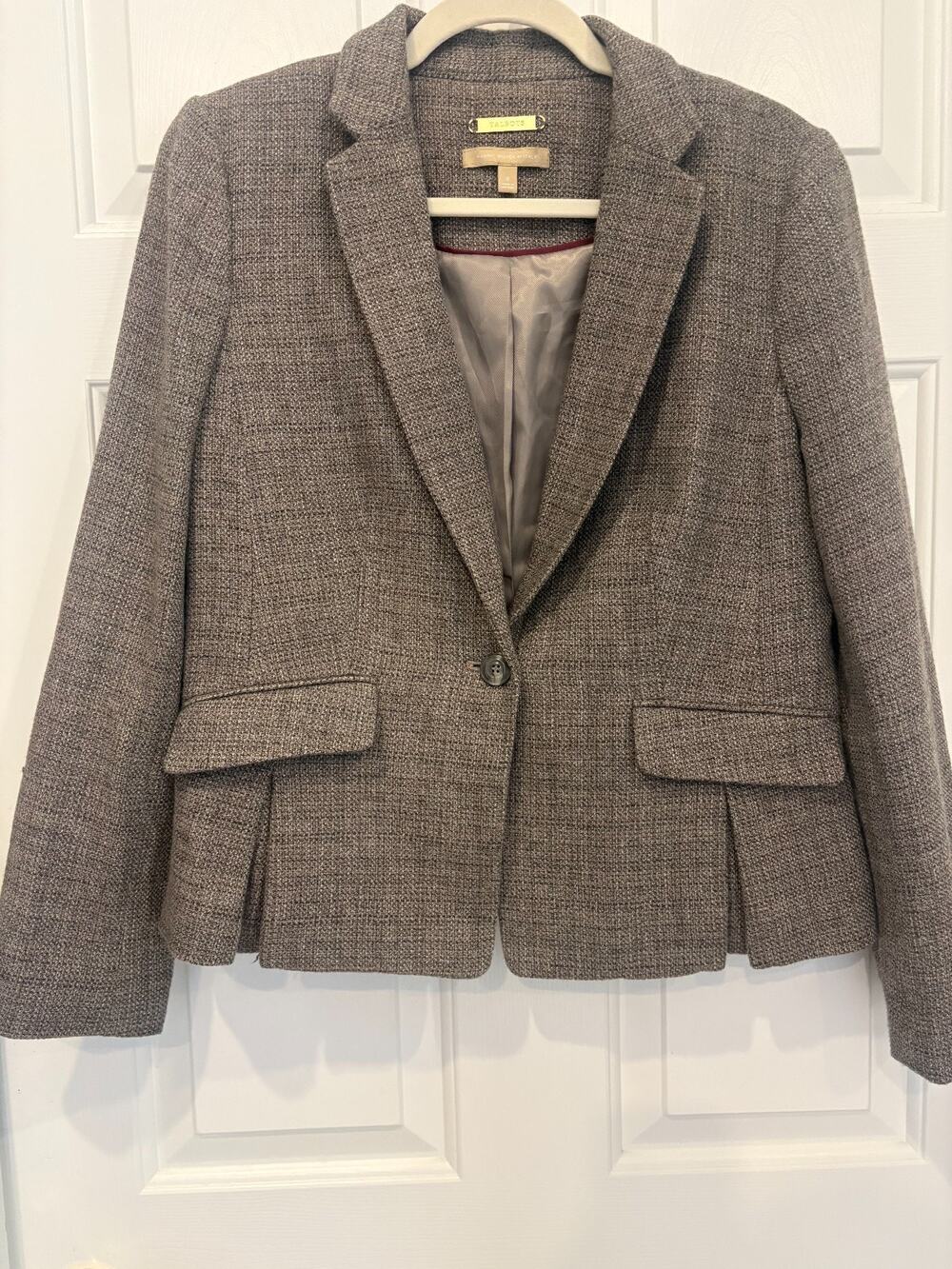 Talbots Brown Tweed Wool Blazer Jacket Single Button Pleated Hem Lined Size 2
